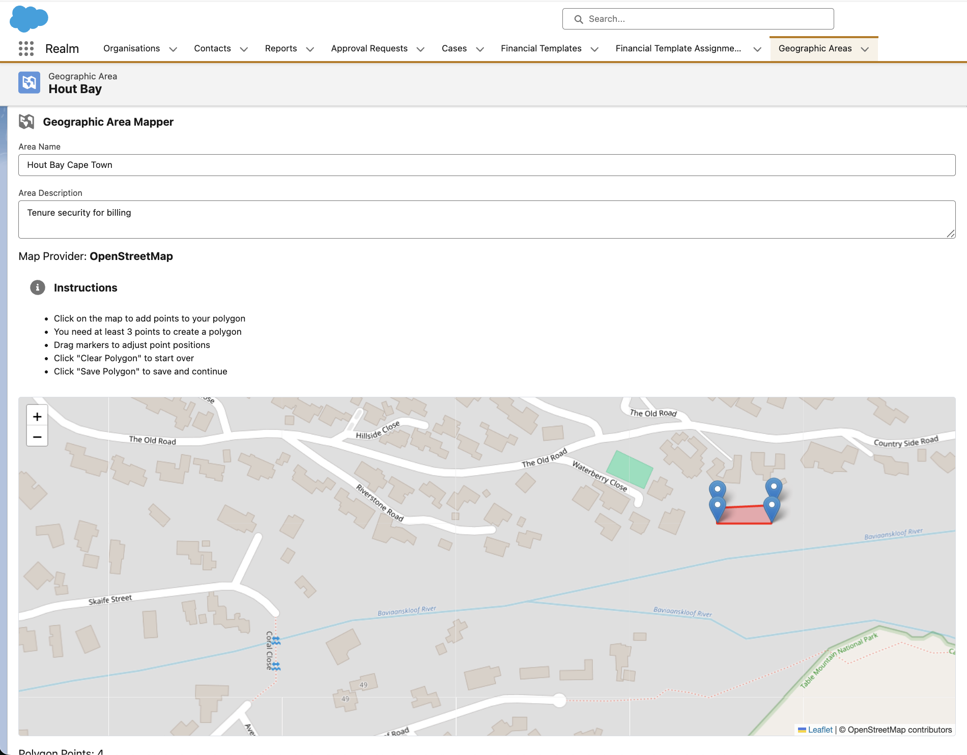 Realm CRM geographic area mapper interface